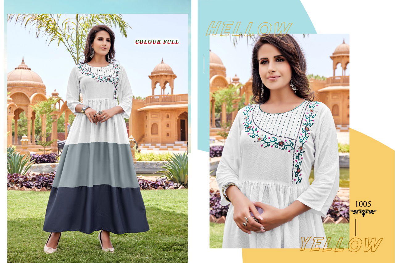 Colour Full 1001 Fancy Party Wear Rayon Long Anarkali Kurti Collection